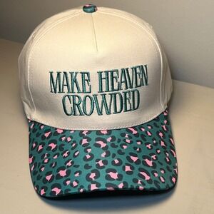 Make Heaven Crowded Embroidered Hat Cream / Teal Leopard Brim NWT